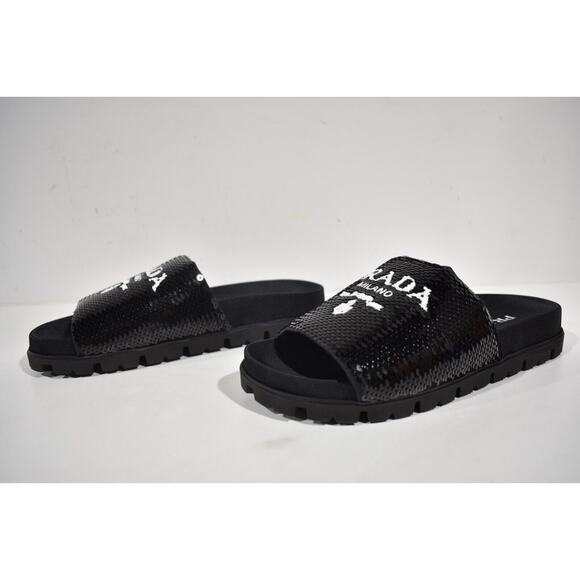 Prada Black Sequin White Logo Slide Sandal Slip On Pool Flip Flop Flat 37 - Picture 9 of 11